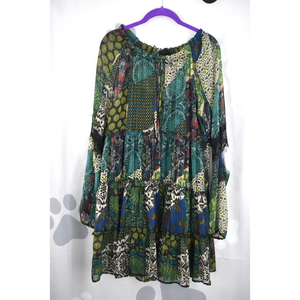 Desigual Long Sleeve Multi Color Multi Print Sheer Overlay with Slip Dress 40 M